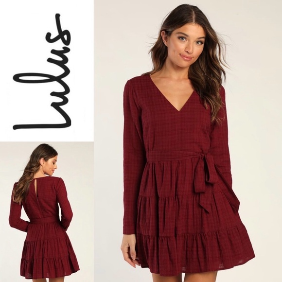 Lulus Dresses & Skirts - LULUS Autumn Adoration Wine Red Plaid Long Sleeve Dress With Pockets Size Small